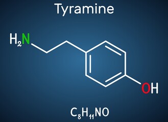 Tyramine, tyramin molecule. It is monoamine compound derived from tyrosine. Structural chemical formula on the dark blue background. Vector illustration