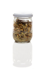 Nutrition concept - Healthy food, Diet, Detox, Clean Eating or Vegetarian concept. A nutritious food on glass jars against white background. Delicious salad in a glass jar. 