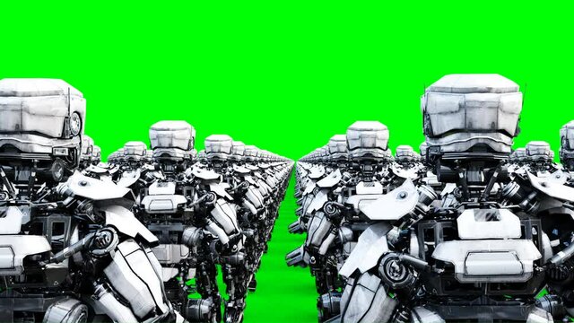invasion of military robots with gun. marching robots. Green screen 4k footage.