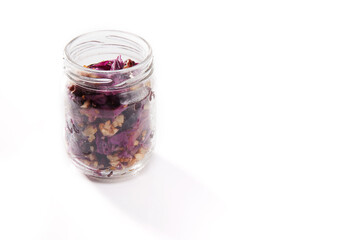 Fototapeta na wymiar Nutrition concept - Healthy food, Diet, Detox, Clean Eating or Vegetarian concept. A nutritious food on glass jars against white background.