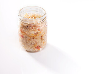 Nutrition concept - Healthy food, Diet, Detox, Clean Eating or Vegetarian concept. A nutritious food on glass jars against white background.