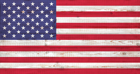 USA flag painted on an old wooden background. textured scratched backdrop and concept of flag day. thirteen red and white stripes and fifty stars