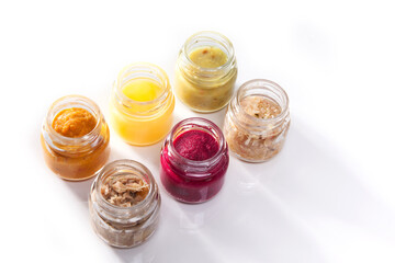 Nutrition concept - Healthy food, Diet, Detox, Clean Eating or Vegetarian concept. A glass jar of nutritious food against white background. Delicious take away food in glass jars.