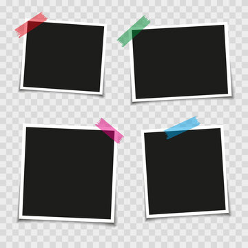 Realistic mockup photo frame frame. Retro photo frames, empty with shadows on the wall, photos with adhesive tapes. Isolated on transparent background. Vector