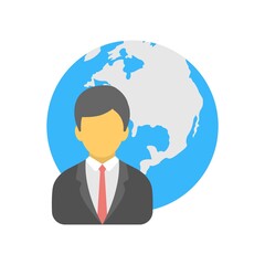 Global businessman icon illustration in flat design style.