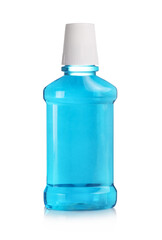 Blue mouthwashin in transparent bottle