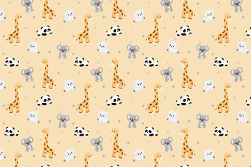 design for baby blanket, stars and cute little animals, baby animals, koala, giraffe, bear, panda
