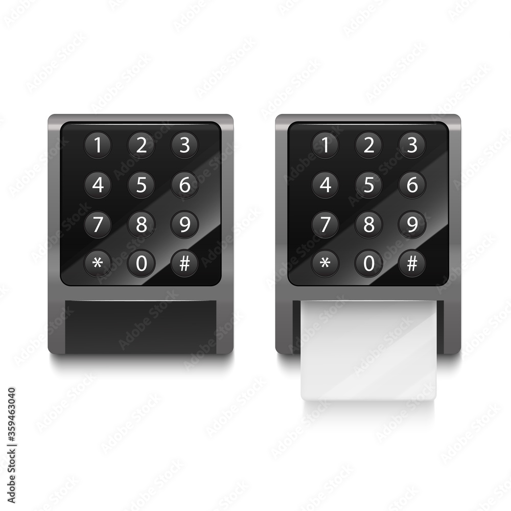 Poster realistic 3d detailed electronic lock with numbers button set. vector