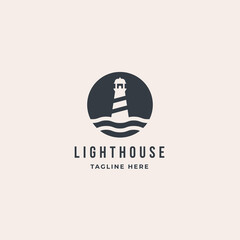 Lighthouse Tower Island logo with wave. premium vector design inspiration