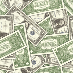 Illustration seamless pattern. Randomly laid out US paper money. Banknotes obverse and reverse with a face value of 1 dollar 1957 with a blue seal