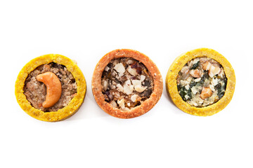 Fototapeta na wymiar Nutrition concept -Healthy small quiche over white background. Healthy food, Diet, Detox, Clean Eating or Vegetarian concept.