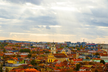 Vilnius city view, Lithuania. Old town and city center. Urban scene. Old famous buildings, architecture, house and church view.