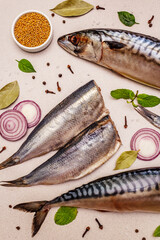Assorted pickled whole fish. Norwegian herring 