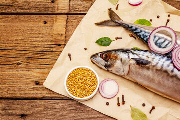 Pickled whole mackerel. Traditional Norwegian spicy salting fish