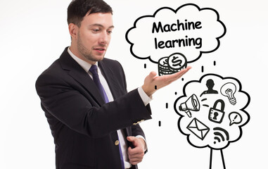 Business, technology, internet and network concept. Young businessman thinks over the steps for successful growth: Machine learning