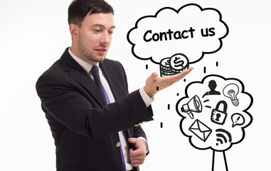 Business, technology, internet and network concept. Young businessman thinks over the steps for successful growth: Contact us