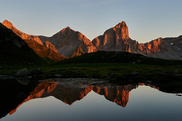 Ansabere- Mountain- Red- Light- Lake- Reflection- Sunrise- New Aquitaine- Pyrenees- France- FRA.