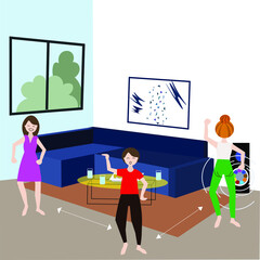 Three women danced in the party room with social distance. Stay safe, stay at home, stop coronavirus.