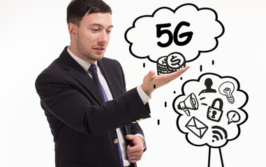 Business, technology, internet and network concept. Young businessman thinks over the steps for successful growth: 5G