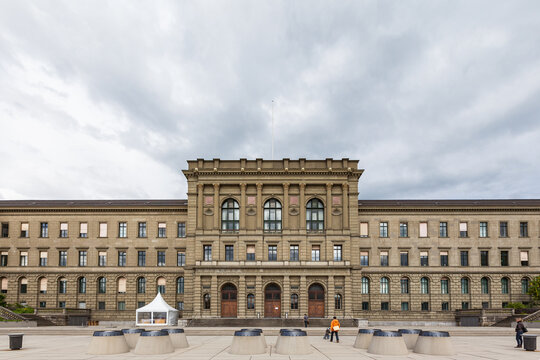 Rear view of the main building of famous university Swiss Federal Institute of Technology in Zurich (ETH Zurich) from Polyterasse on a cloudy day, Zurich ,Switzerland