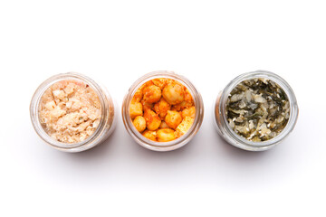 Nutrition concept - Healthy food, Diet, Detox, Clean Eating or Vegetarian concept. A glass jar of nutritious food against white background. Delicious take away food in glass jars.