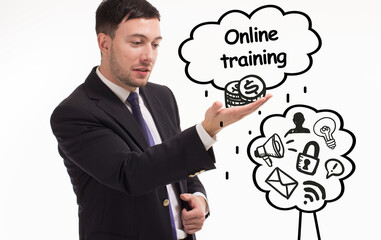 Business, technology, internet and network concept. Young businessman thinks over the steps for successful growth: Online training