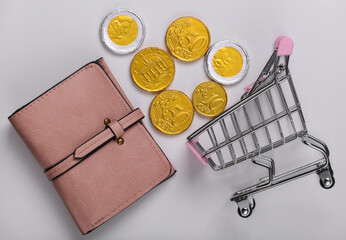 Shopping time. Supermarket trolley with wallet, coins on a white background. Top view