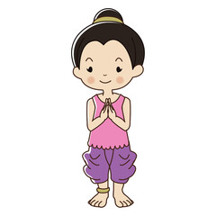 Little Thai girl in traditional dress is 'Sawasdee' hello to you.