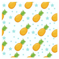 Seamless pattern summer theme Pineapple and blue star on white background.Vector Illustration,  for fabric, wallpaper, wrapping paper, cards, sites.