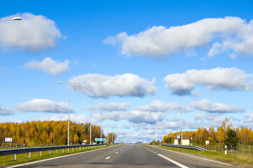 Highway, autobahn and road landscape. Automobile, cars and vehicles. Blue sky and sunny day. European autobahn.