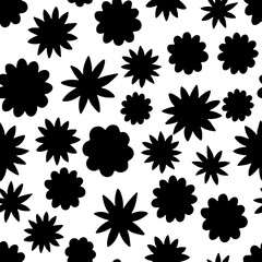 Mini flowers. Black silhouettes, hand drawn seamless pattern.