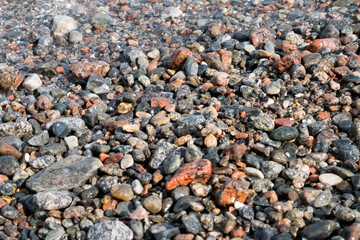Pebble beach, texture with wet coastal pebbles.