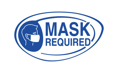 Mask required warning prevention sign - human profile silhouette with face mask in creative rounded frame - isolated vector information picture