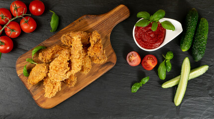 Breaded Fried Chicken Wings, Fingers and Drumstick