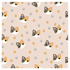 Seamless pattern with cute kawaii cat head and cat paws.Vector Illustration,  for fabric, wallpaper, wrapping paper, cards, sites.