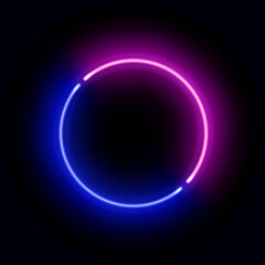 Realistic gradient neon circle frame. Pink and blue colored blank template isolated on black background. Geometric glow outline shape or laser glowing lines. Vector shining object.