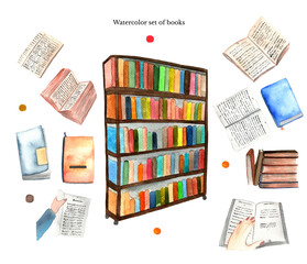 Obraz premium Library, set of bookshelf, a stack of books, open books in hands, open and closed book isolated on white background.
