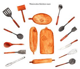 Watercolor kitchen ware,set of wooden ware,spatula,fork,spoon,knife isolated on white background.