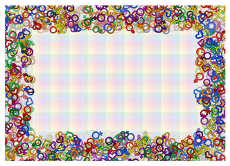 card frame for diploma, invitation, certificate with lgbt flag colors symbols of man, woman, homosexual love