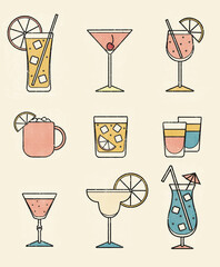Collection set of icons various alcohol cocktail glasses high ball martini margarita old fashioned shot Moscow mule mug. Retro print halftone dotted offset press dirty gritty comic print style