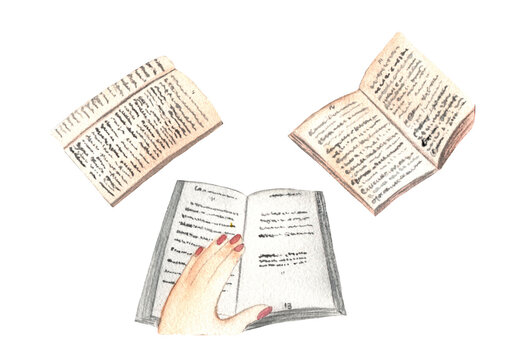Watercolor hand drawn book in open form,in beige and brown in the hand to hold the book isolated on white background.