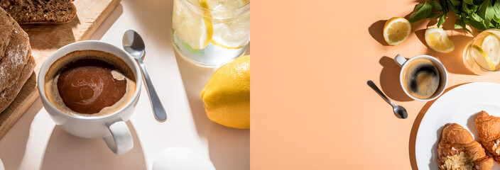 collage with coffee cup, water, lemons, bread and croissants for breakfast on beige table, website...