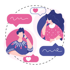 People talking phone. Love couple talking concept. Communication and conversation with smartphone. Vector Illustration