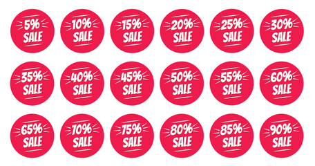 Sale sticker, label set offer badges. Sale offer red brush circles stamp price signs. Percent reduction symbols set. Discount sale price tag. Vector illustration. Offer sale red labels, price tags set