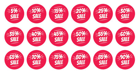 Sale sticker, label set offer badges. Sale offer red brush circles stamp price signs. Percent reduction symbols set. Discount sale price tag. Vector illustration. Offer sale red labels, price tags set