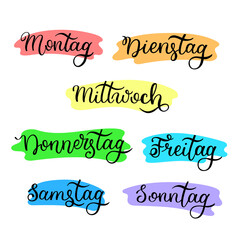 Lettering in German, days of the week - Monday, Tuesday, Wednesday, Thursday, Friday, Saturday, Sunday. Handwritten words for calendar, weekly plan, organizer.
