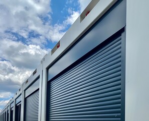 erection of new office containers in construction site against great blue sky.