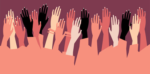 Human hands with different skin color stacked for support. Group, unity, race equality, tolerance concept art in minimal flat style. Vector illustration card.