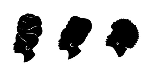 Silhoettes of african american women in a head wrap and with an earring. Beautiful black girls profile. Vector fashion illustration isolated