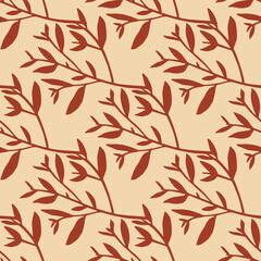 Geometric leaves silhouette seamless pattern on light background. Tree branches wallpaper. Nature vector backdrop.